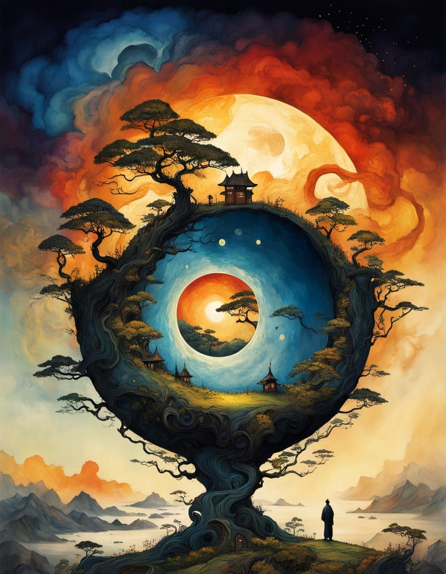 Surreal Dreamscape with Escher Cloudscape and Bonsai Path