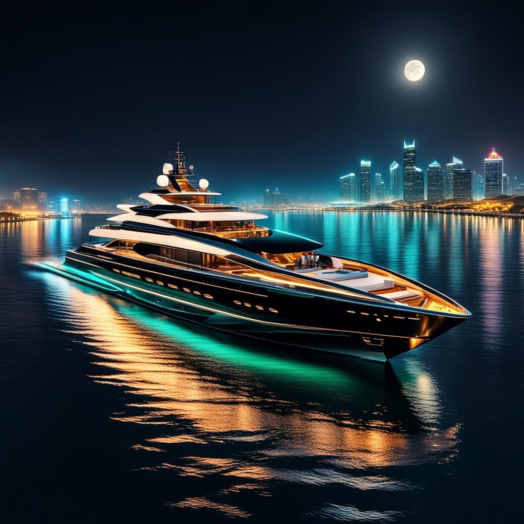 Luxury Yacht at Night: 3D Rendered Fantasy Art