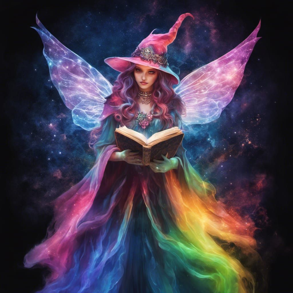 Cosmic Fairy Witch with Mystical Book