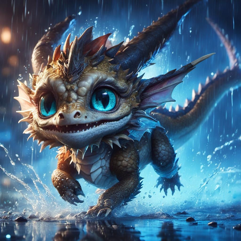 Anime Dragon Splashing in Bioluminescent Rain