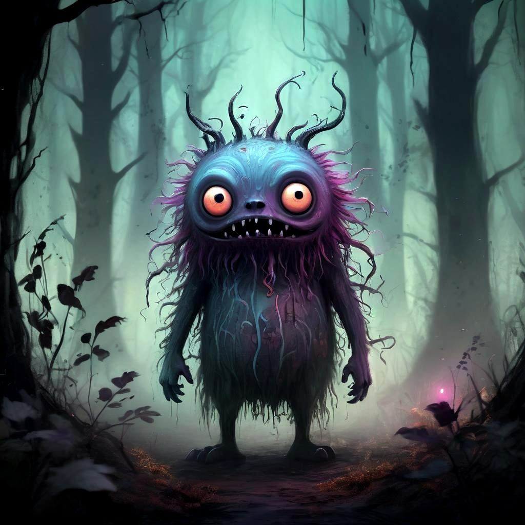 Eerie Creature in Misty Forest, Digital Illustration