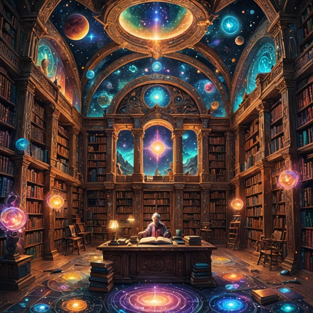 Cosmic Astral Library in Pablo Amaringo Style