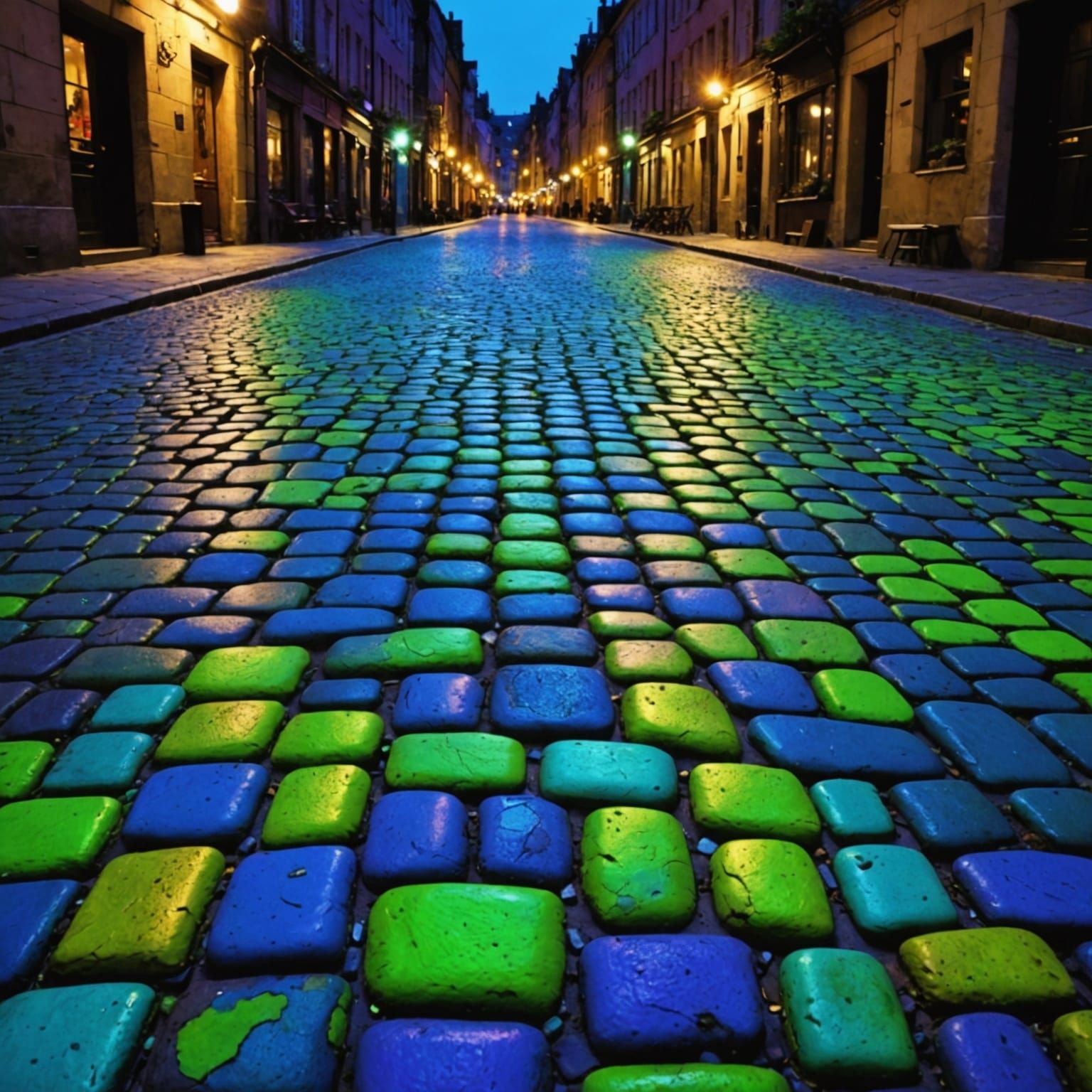 Neon Glowing Cobblestone Street Descends into Abyss