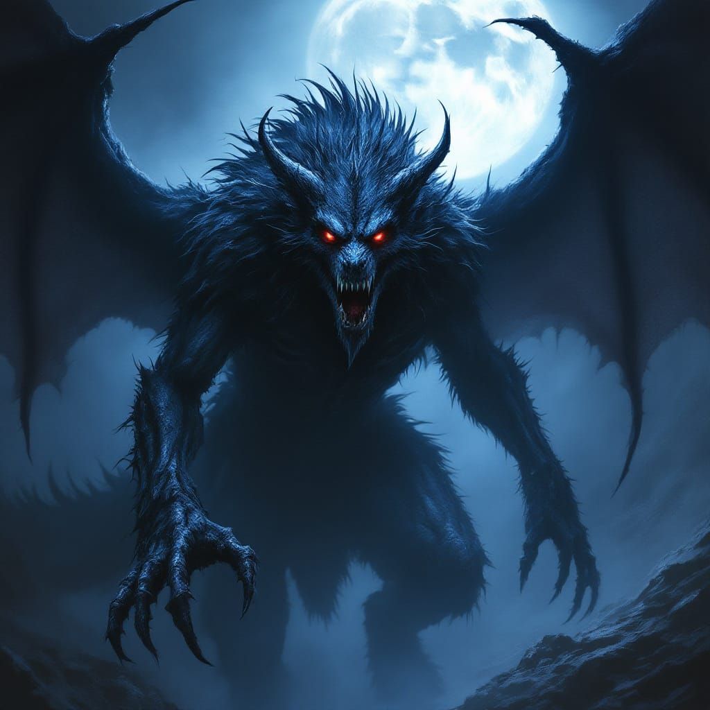 Werewolf Dragon with Skeleton Wings in Moonlight