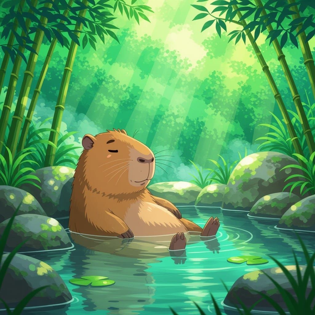 Anime Capybara Enjoys Steamy Hot Spring Retreat