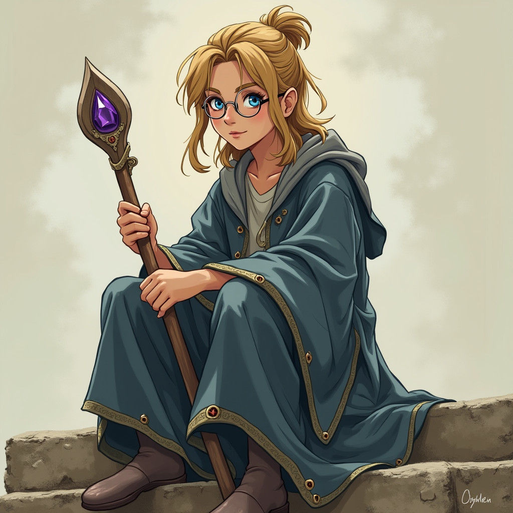 Young Mage with Amethyst Staff, Ghibli-Inspired Art