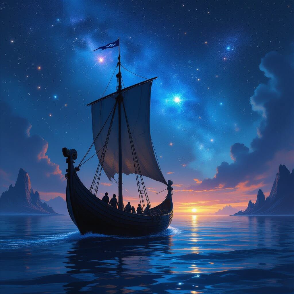 Obsidian Longship on Galactic Sea, Epic Space Opera Art