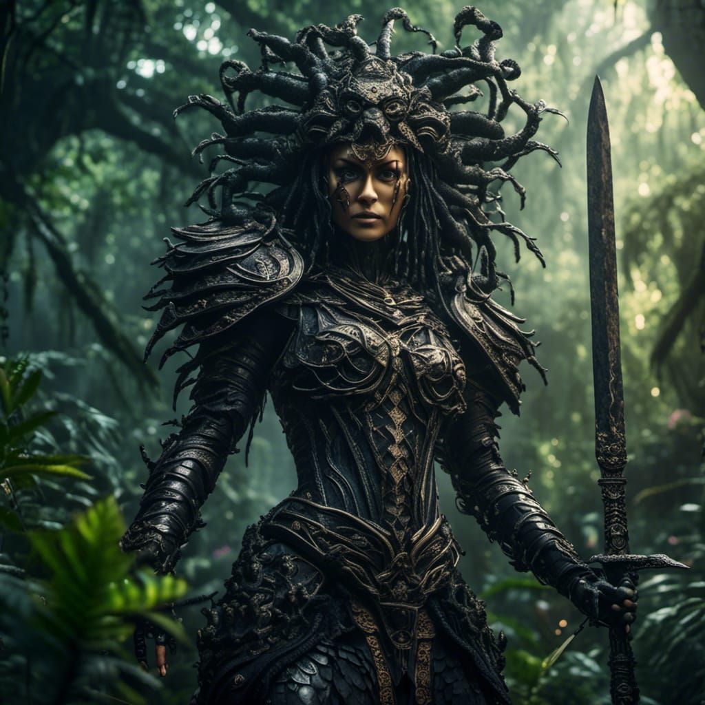 Armored Medusa in Jungle, Hyperreal Digital Art