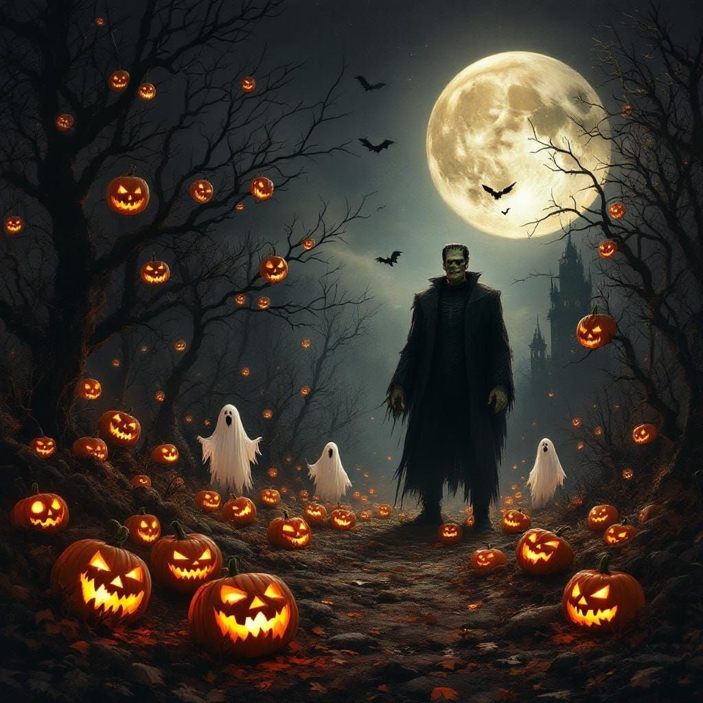 Mystical Halloween Scene with Classic Monsters