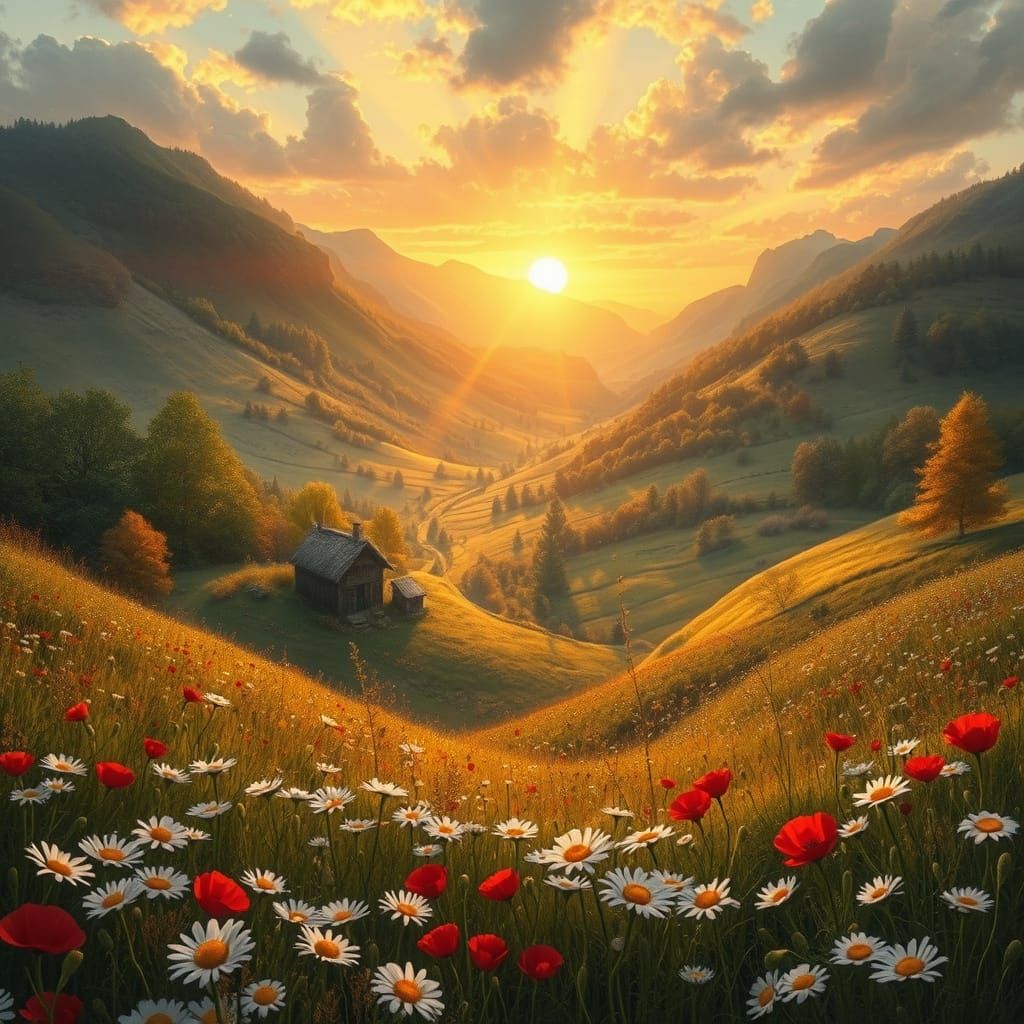 Idyllic Valley Scene in Whimsical, Hyper-Realistic Style