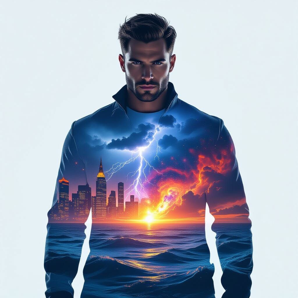 Heroic Male Figure in Surreal Triple Exposure Artwork