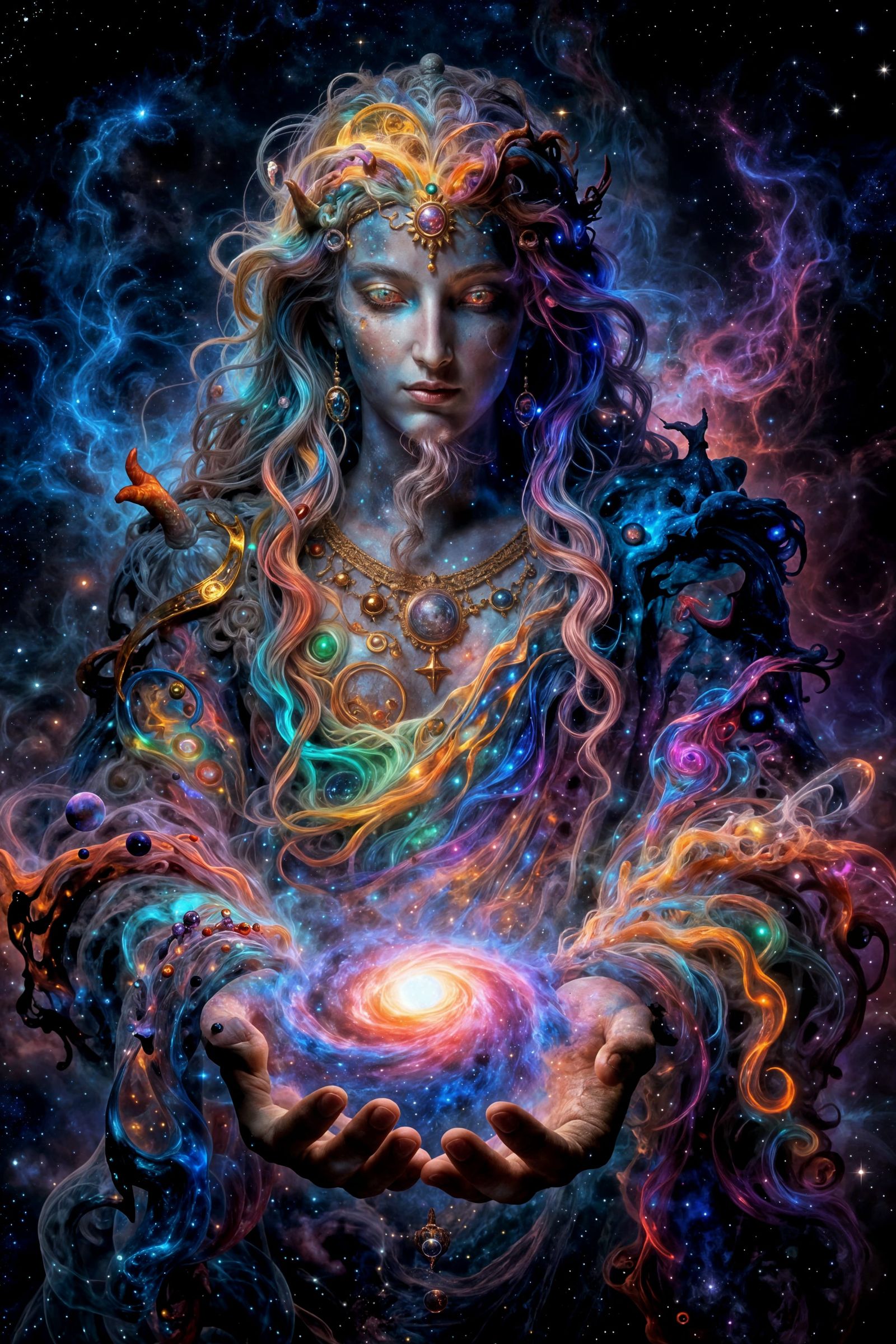 Cosmic God of Many Colors Holding Galaxy