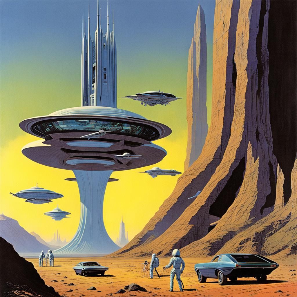 Retrofuturistic Cityscape Inspired by 1960s Sci-Fi Art