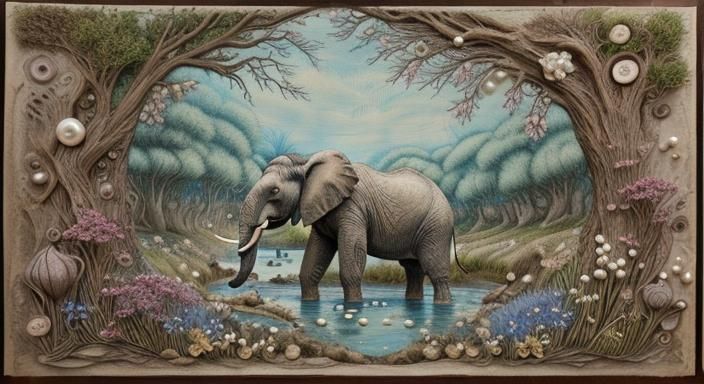 Elephants in Medieval Scene, Mixed-Media Masterpiece