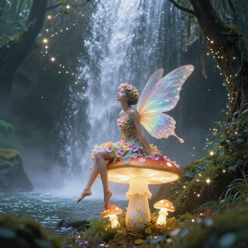 Whimsical Fairy Under Waterfall with Twinkly Lights