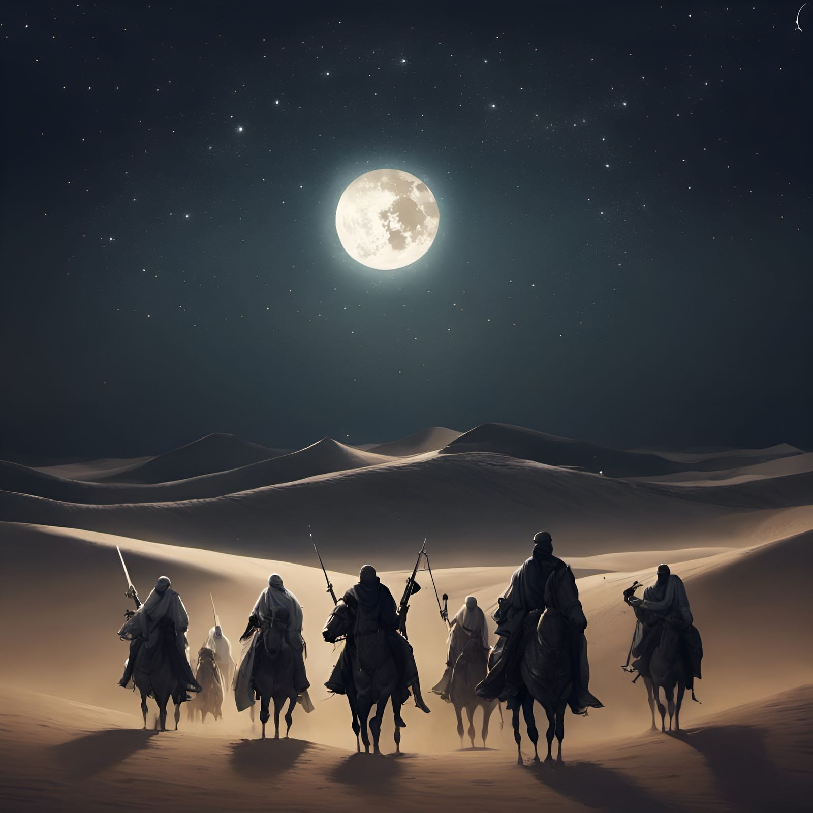 Arab Islamic Army in Desert Moonlight