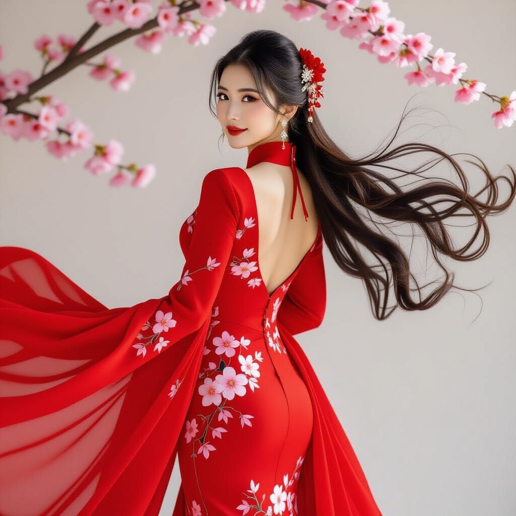 East Asian Woman in Scarlet Qipao with Cherry Blossoms