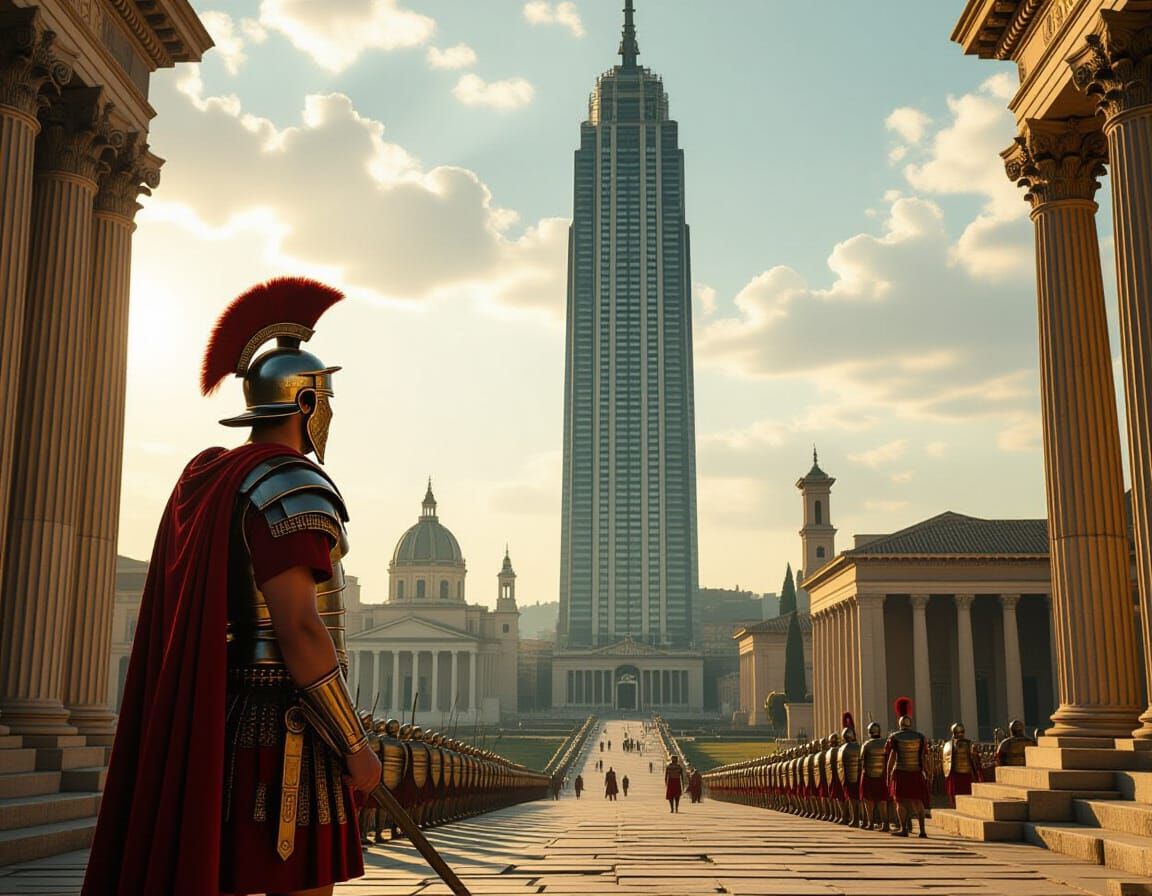 Roman Legionary Guarding Skyscraper in Ancient Rome