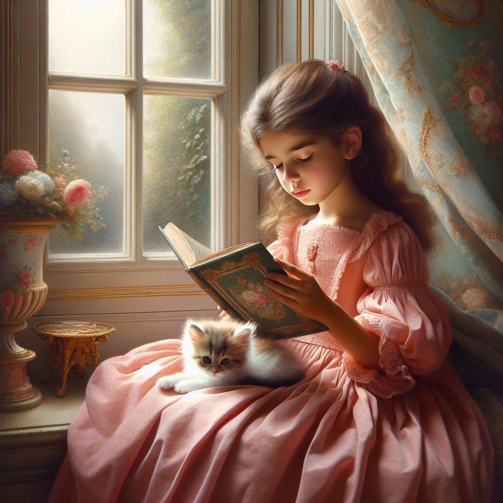 Rococo Girl Reads with Whimsical Kitten in Lavish Room