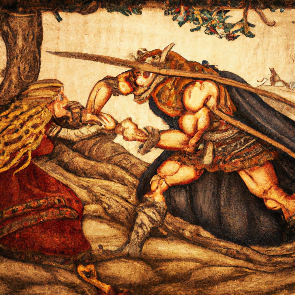 Tapestry of Viking outlaw Grettir fighting the giant female troll