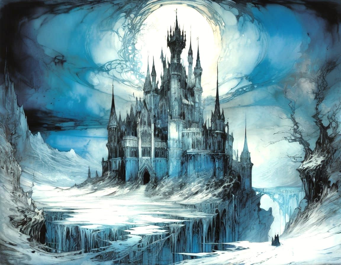Gothic Ice Palace in Ethereal Blues and Whites