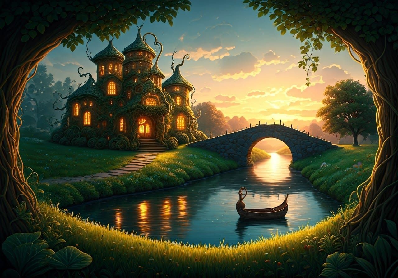 Gourd Castle at Sunset: Miyazaki and Klimt Inspired