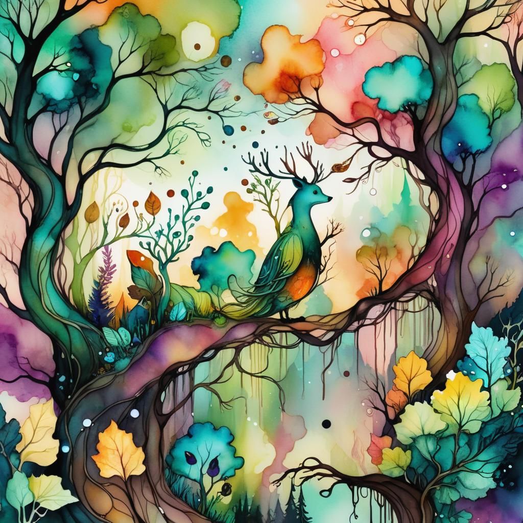 Enchanted Forest Scene in Art Nouveau Style