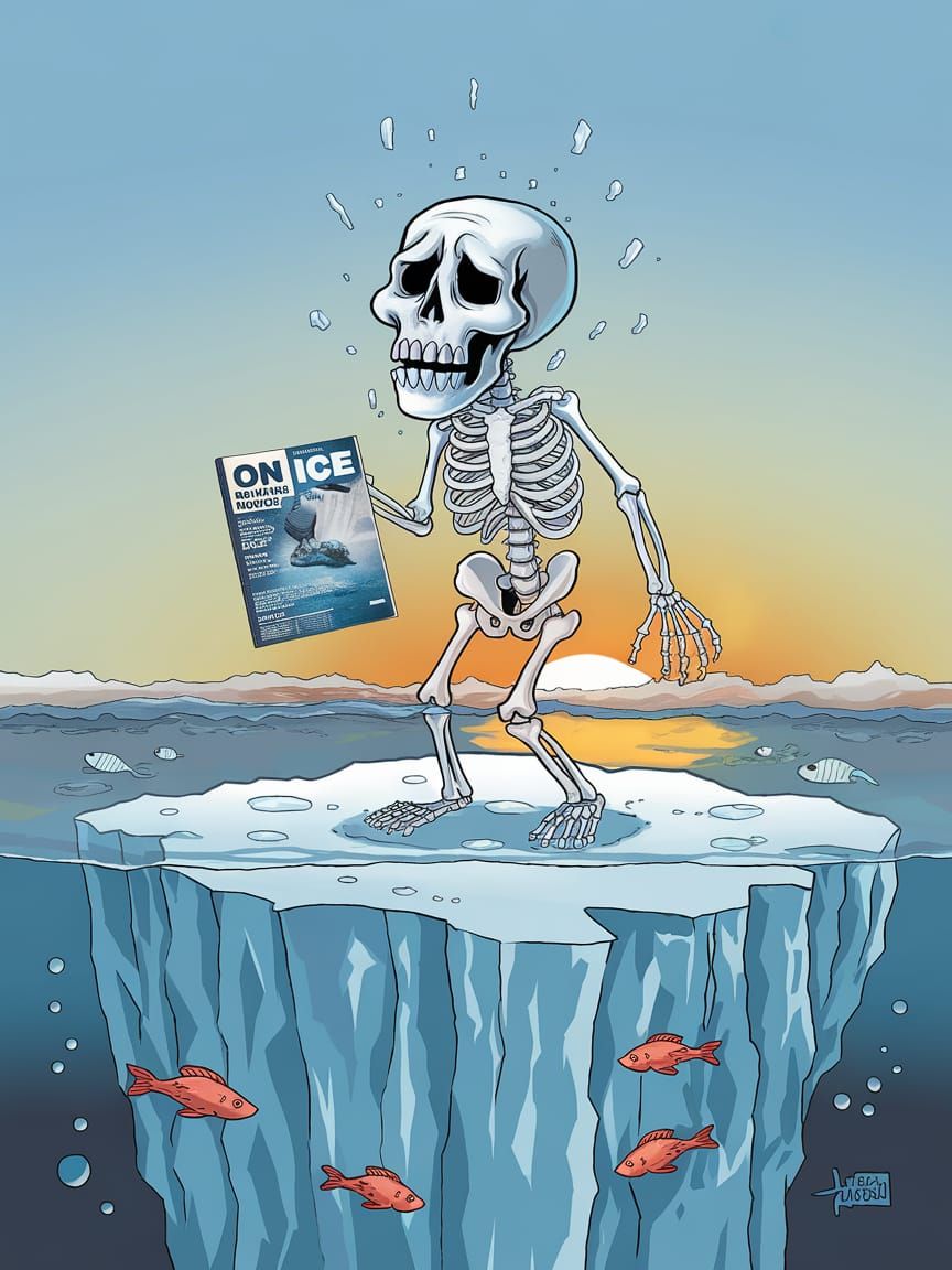 Cartoon Skeleton Shivering on Iceberg at Sunset
