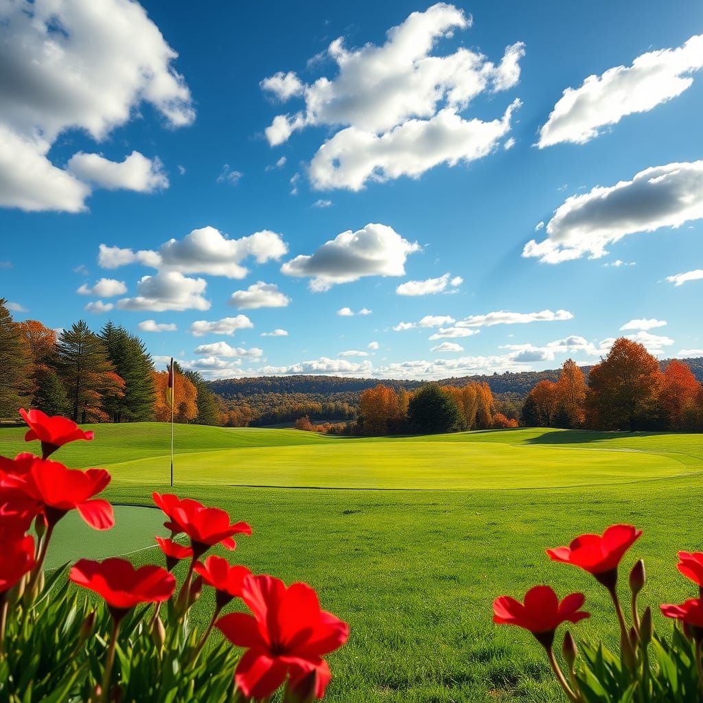 Vivid Golf Course with Red Flowers and Autumn Foliage