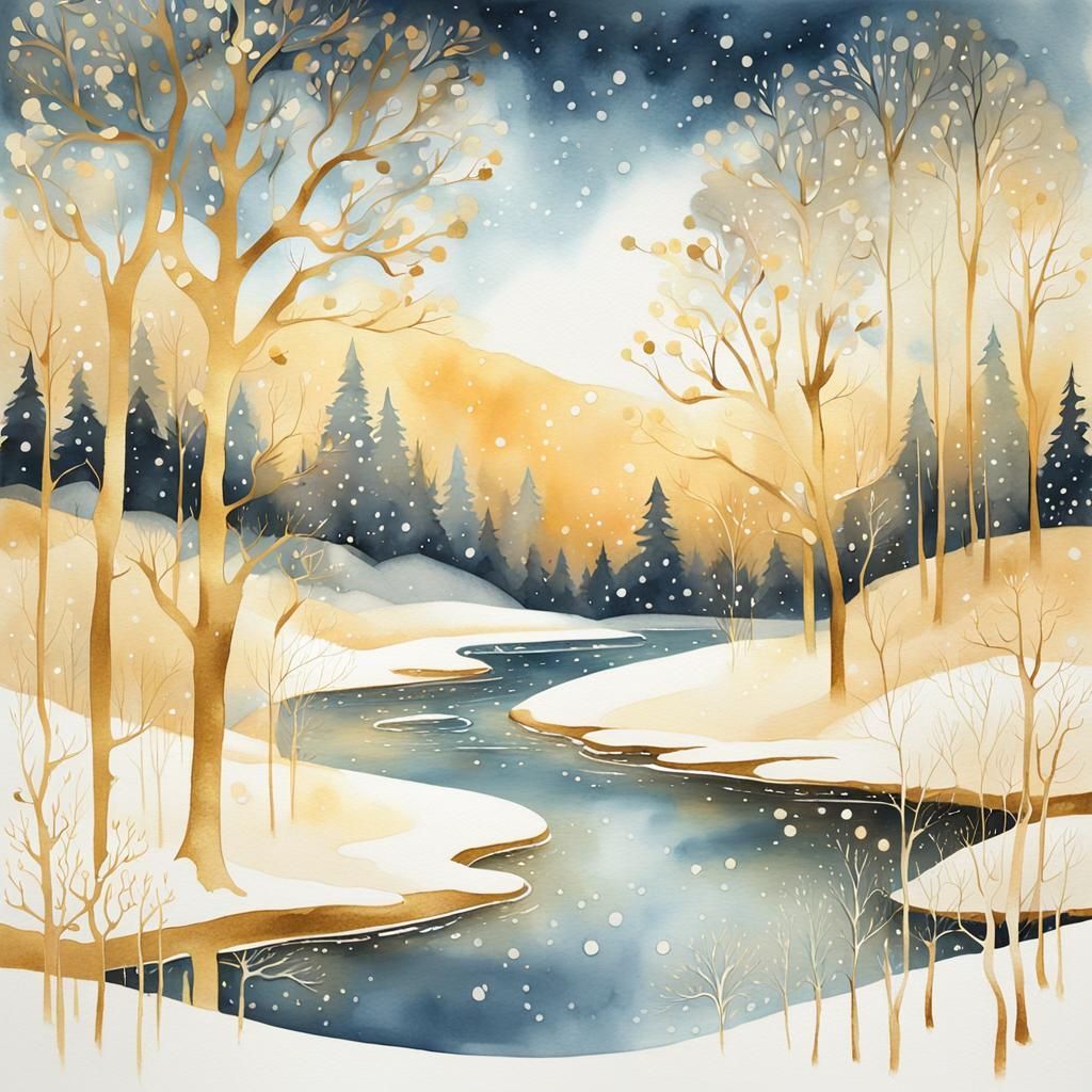 Gold Metallic Watercolor Landscape with Snow