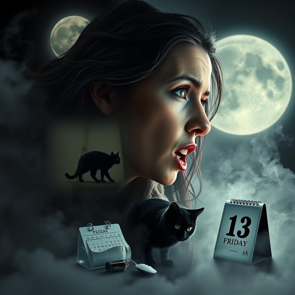 Terrified Woman and Superstition Symbols in Hyperrealism