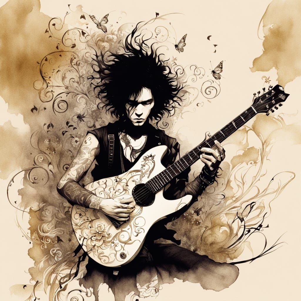 Gothic Guitar Faery with Gemstones in Sepia and Gold