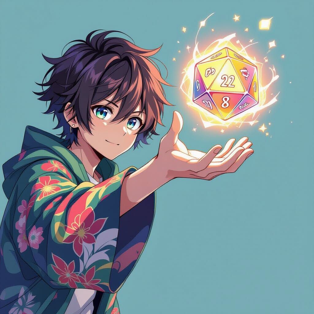 Anime Hand Throws Glowing D20 Dice