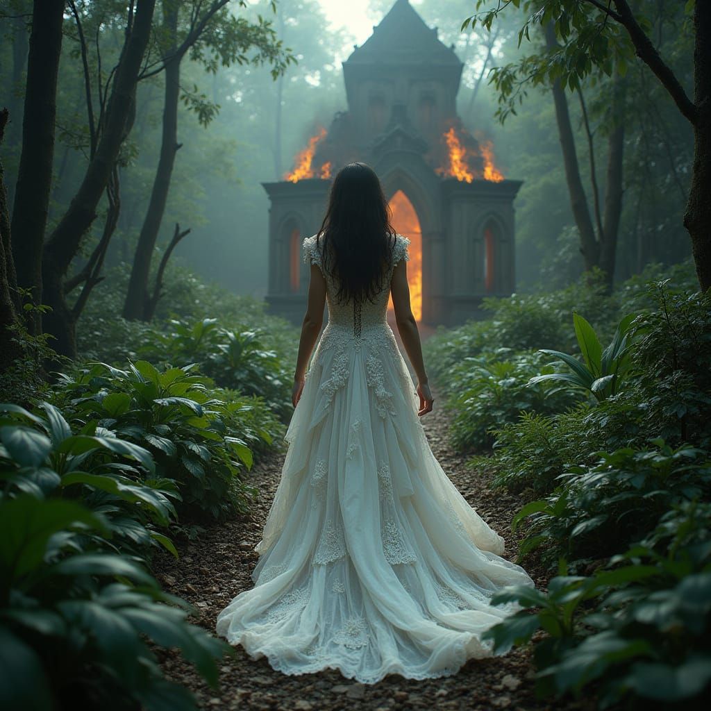 Gothic Woman Approaches Burning Chapel in Rainforest