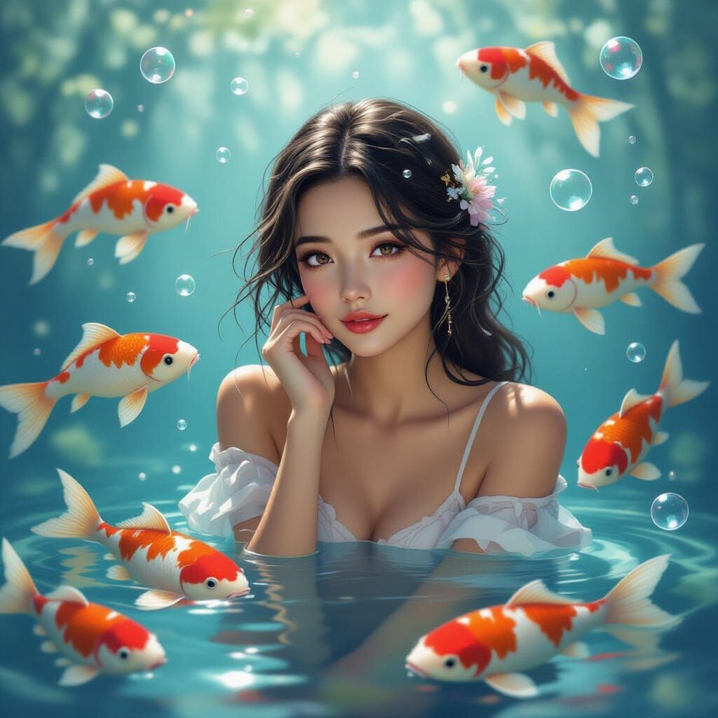 Dreamy Woman with Koi Fish in Surreal Style