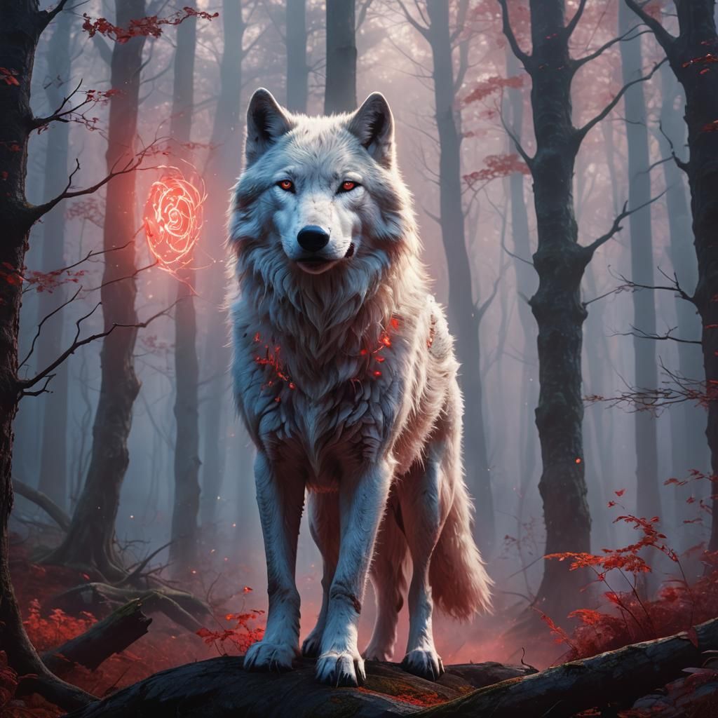 White Wolf Surrounded by Red Magic in Misty Forest