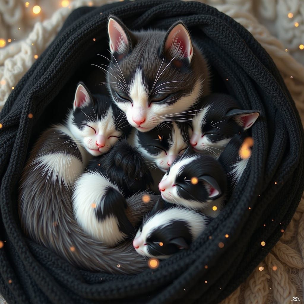 Mother Cat and Kittens Napping in Black and White