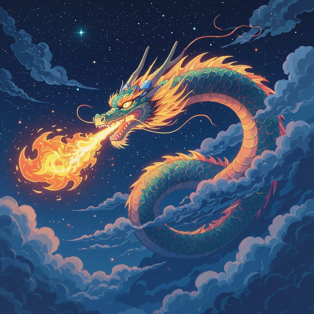 Eastern Dragon Breathing Fire in Cyberpunk Style