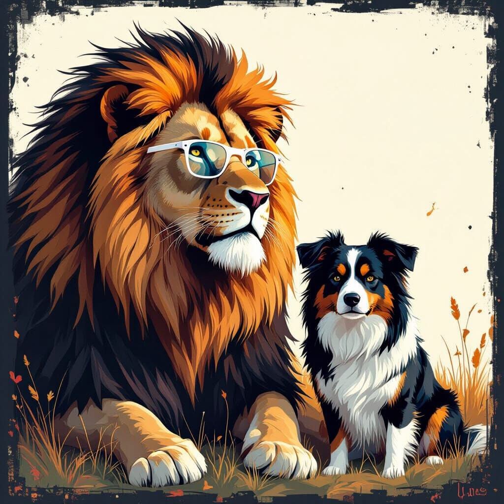 Lion, Collie, and Man in Stylized Digital Art