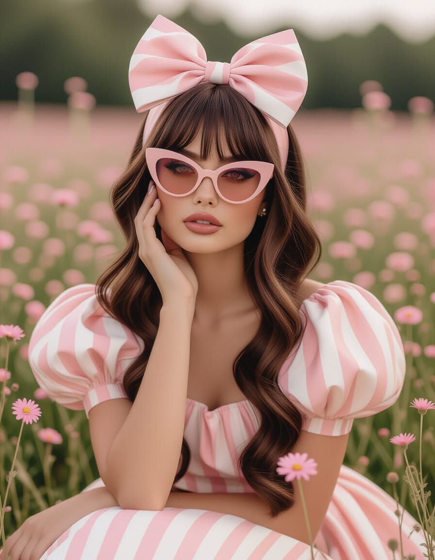 Vintage Portrait of Woman in Pink Wildflower Field