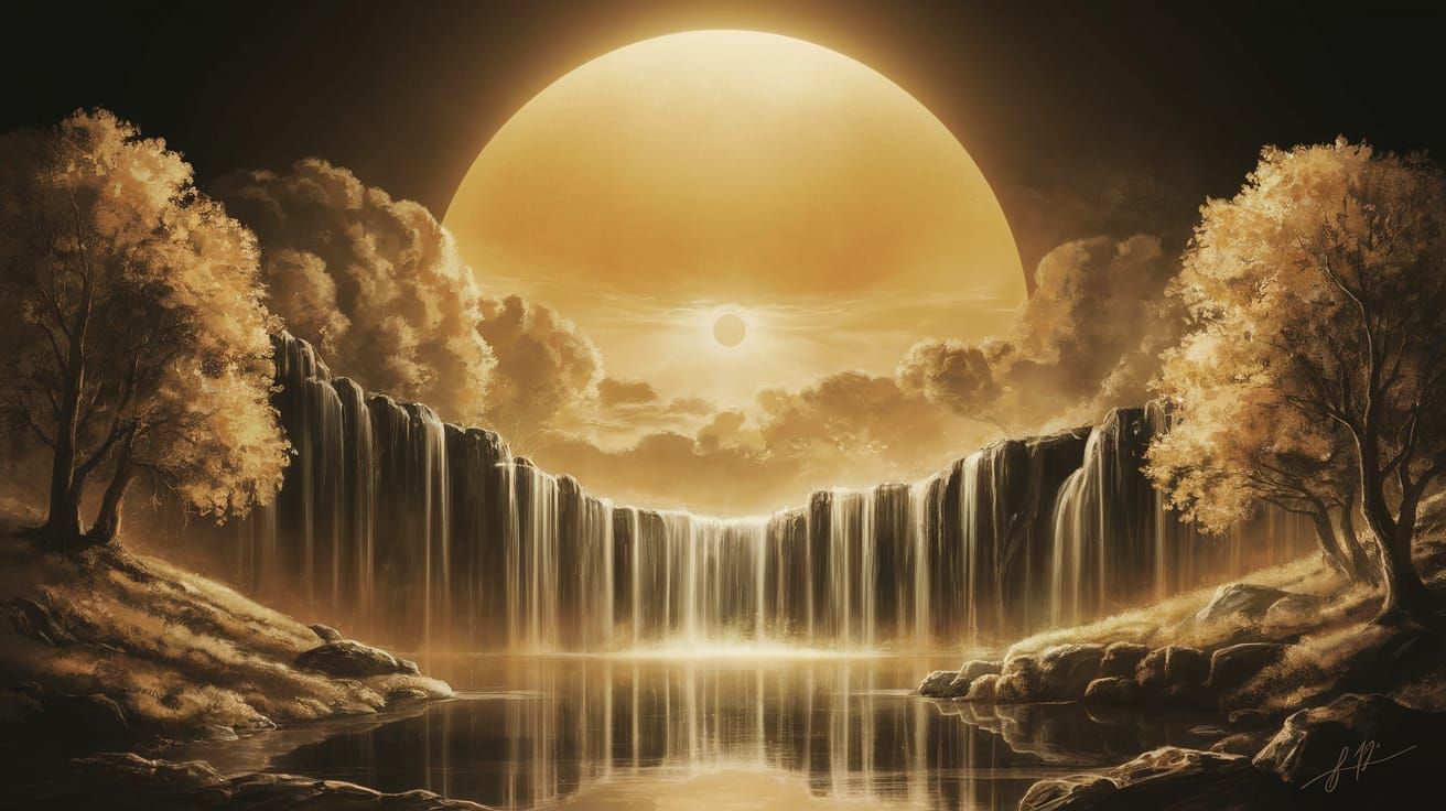 Golden Dreamwaterfall in Serene Surreal Landscape