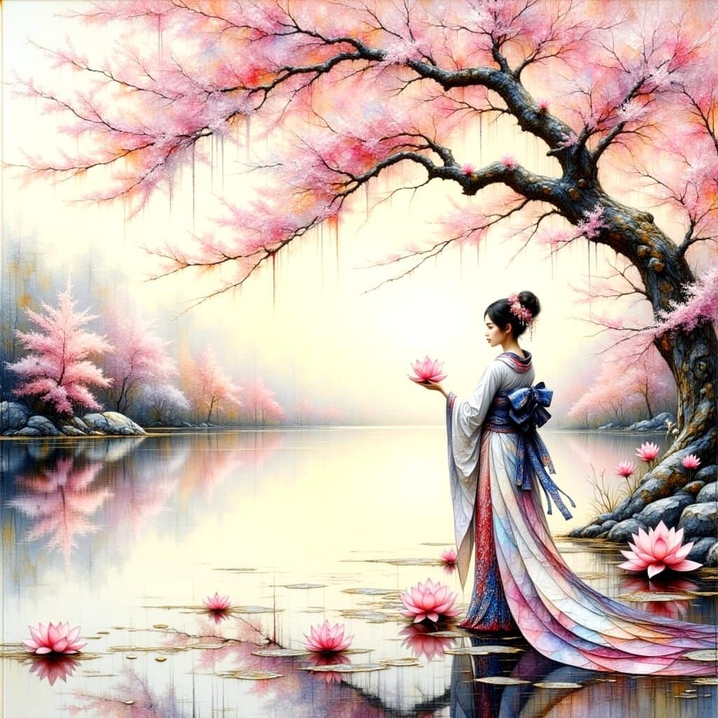 Serene Geisha Amidst Cherry Blossoms and Lake Reflections