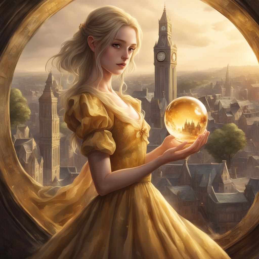 Girl with Orb Containing City, Golden Aesthetic