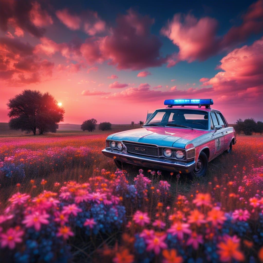 Hyperrealistic Flowery Plain Under Colorful Sky