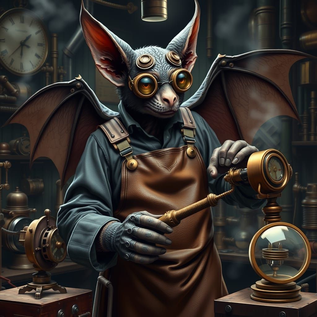 Steampunk Bat Engineer Crafts Intricate Steam-Powered Gadget...