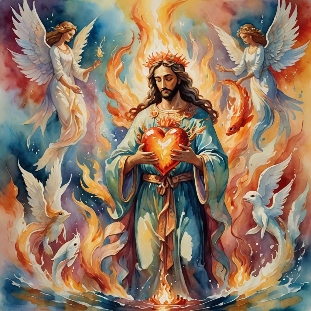 Divine Figure Blesses Heart Fish: Gouache Watercolor