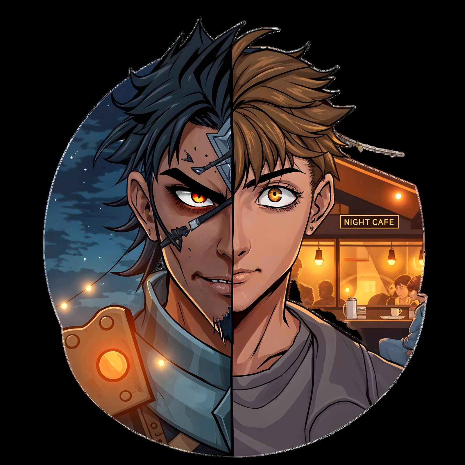 Split Face: Anime Warrior and Cafe Person in Digital Comic S...