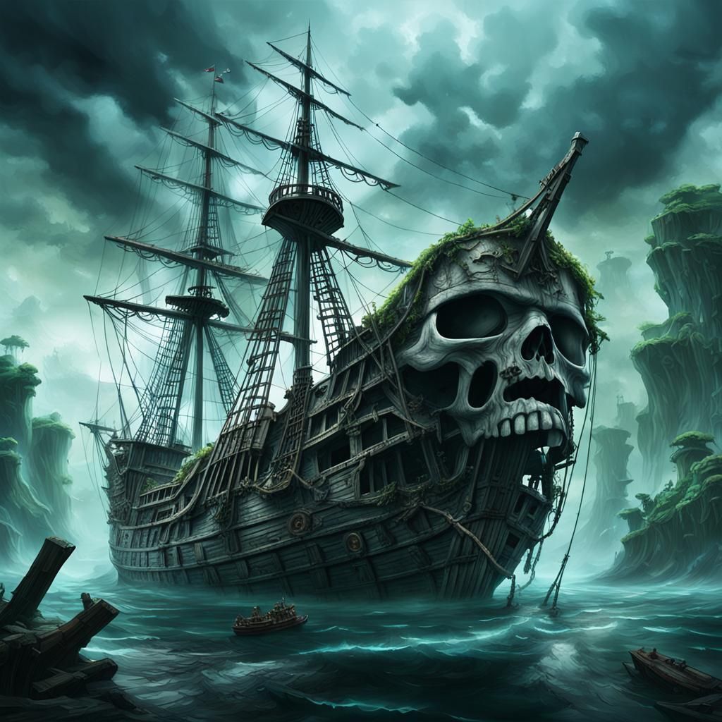 Ghost Ship Anchored Near Skull Island in Fantasy Art