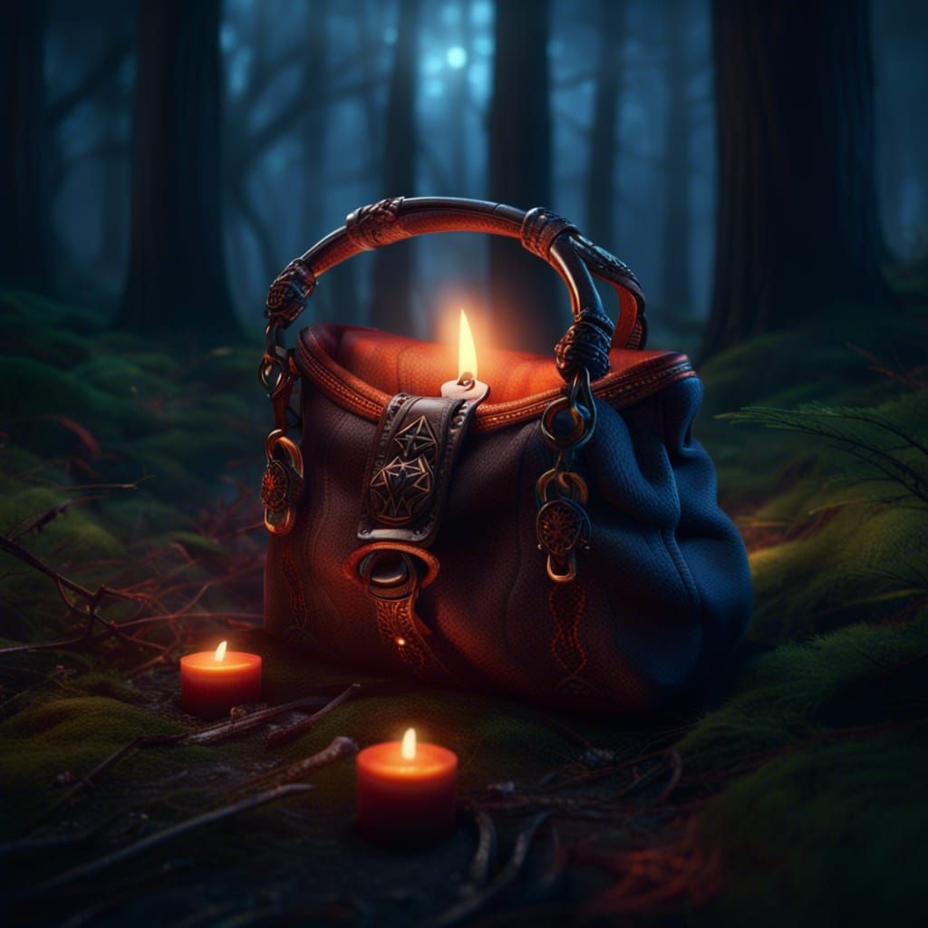 Bag with Candle in Forest: Detailed Fantasy Art