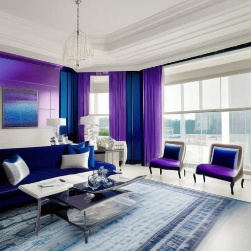 ombre penthouse with ombre walls with purple, Cobalt blue with sliver accents& ombre furniture with purple, cobalt blue&...